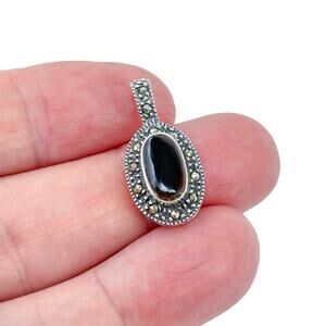 Estate Sterling Silver 925 Marcasite Oval Onyx Pendant